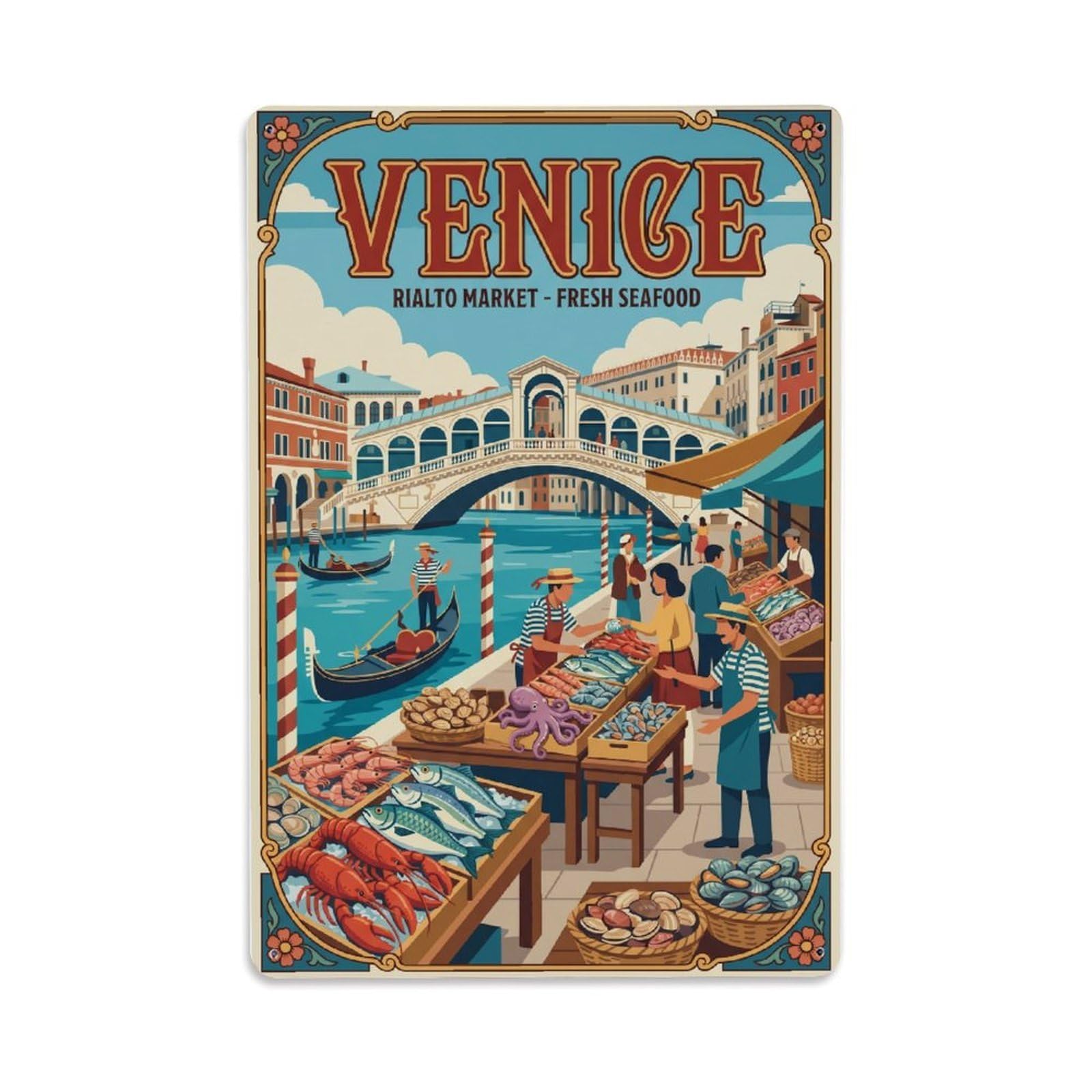 Vintage Travel Venice Rialto Market Fresh Seafood Stalls Clean Italy Metal Tin Sign Plaque Wall Decor for Cafe, Club Bar, Office, Home Garden Metal Poster 8x12Inch