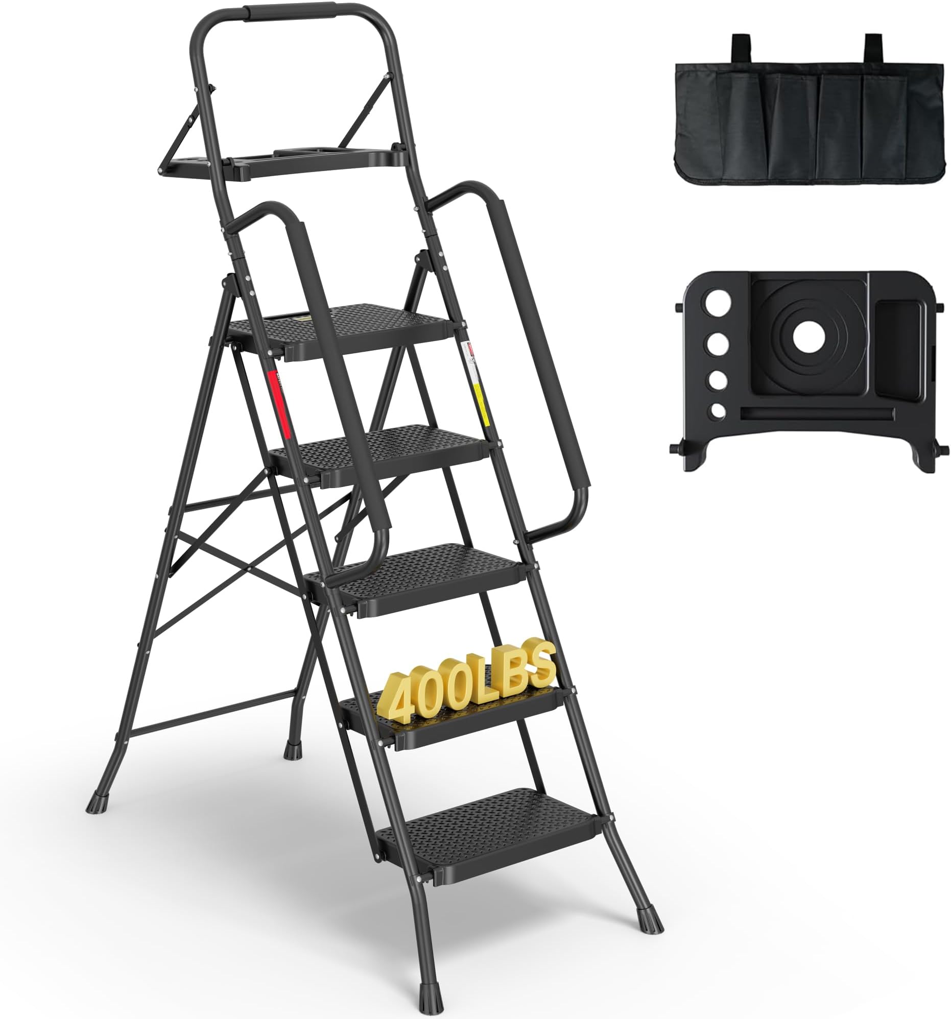 BONTEC 5-Step Ladder, 400lbs Max Load, Folding Step Stool with Tool Tray, Tool Bag, Handrails, Wide Anti-Slip Pedals, Sturdy Steel Ladder for Household & Work Use, Black