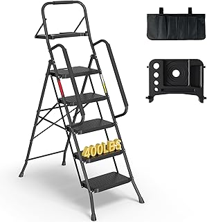 5-Step Ladder, 400lbs Max Load, Folding Step Stool with Tool Tray, Tool Bag, Handrails, Wide Anti-Slip Pedals, Sturdy Steel Ladder for Household & Work Use, Black