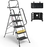 BONTEC 5-Step Ladder, 400lbs Max Load, Folding Step Stool with Tool Tray, Tool Bag, Handrails, Wide Anti-Slip Pedals, Sturdy Steel Ladder for Household & Work Use, Black
