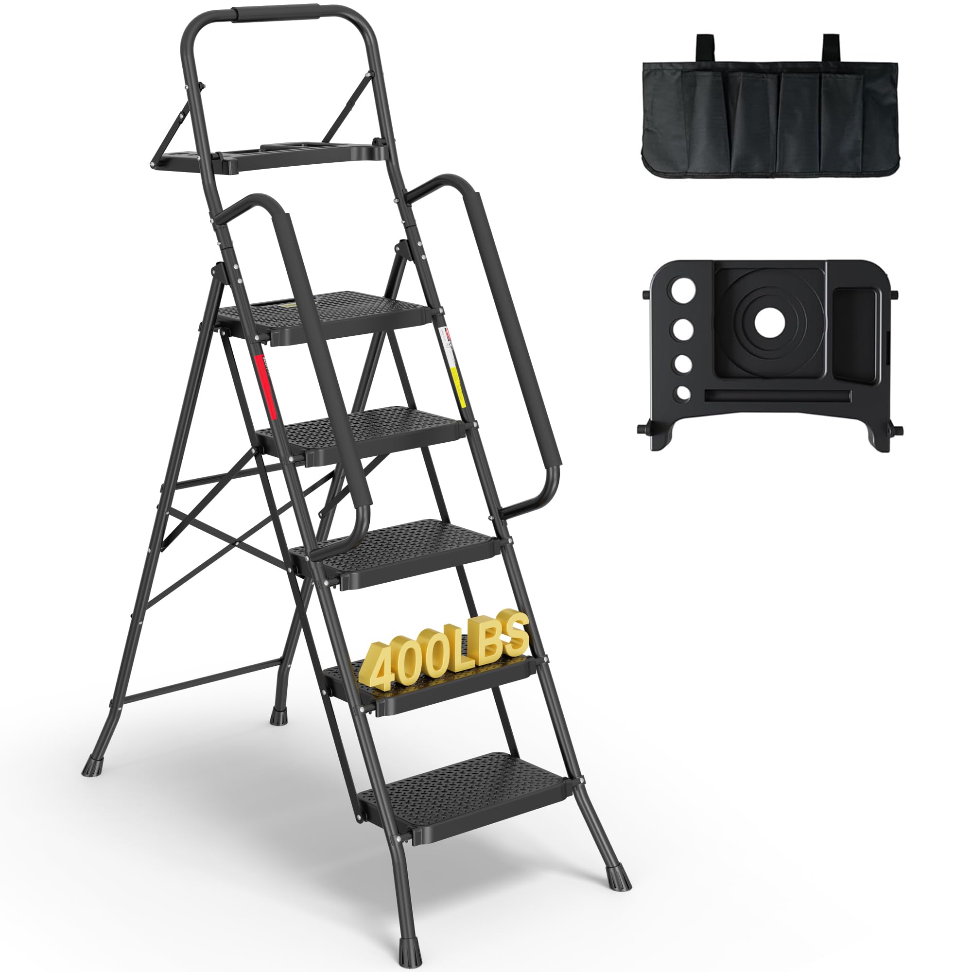 5-Step Ladder, 400lbs Max Load, Folding Step Stool with Tool Tray, Tool Bag, Handrails, Wide Anti-Slip Pedals, Sturdy Steel Ladder for Household & Work Use, Black