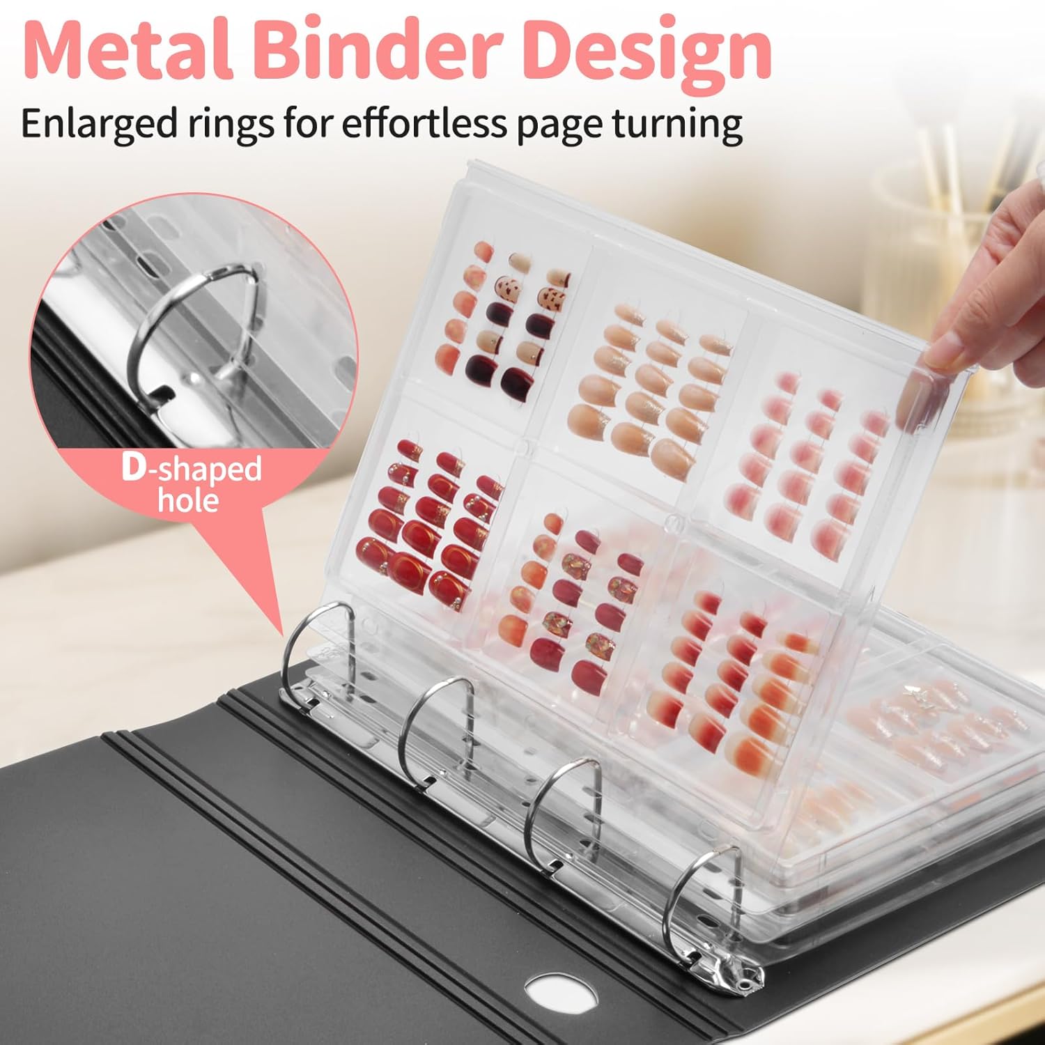 CGBE Press On Nail Organizer: Upgraded Dust & Crush-Resistant Protection - Removable D-Ring Binder Pages - Press On Nail Storage with Nail Tape