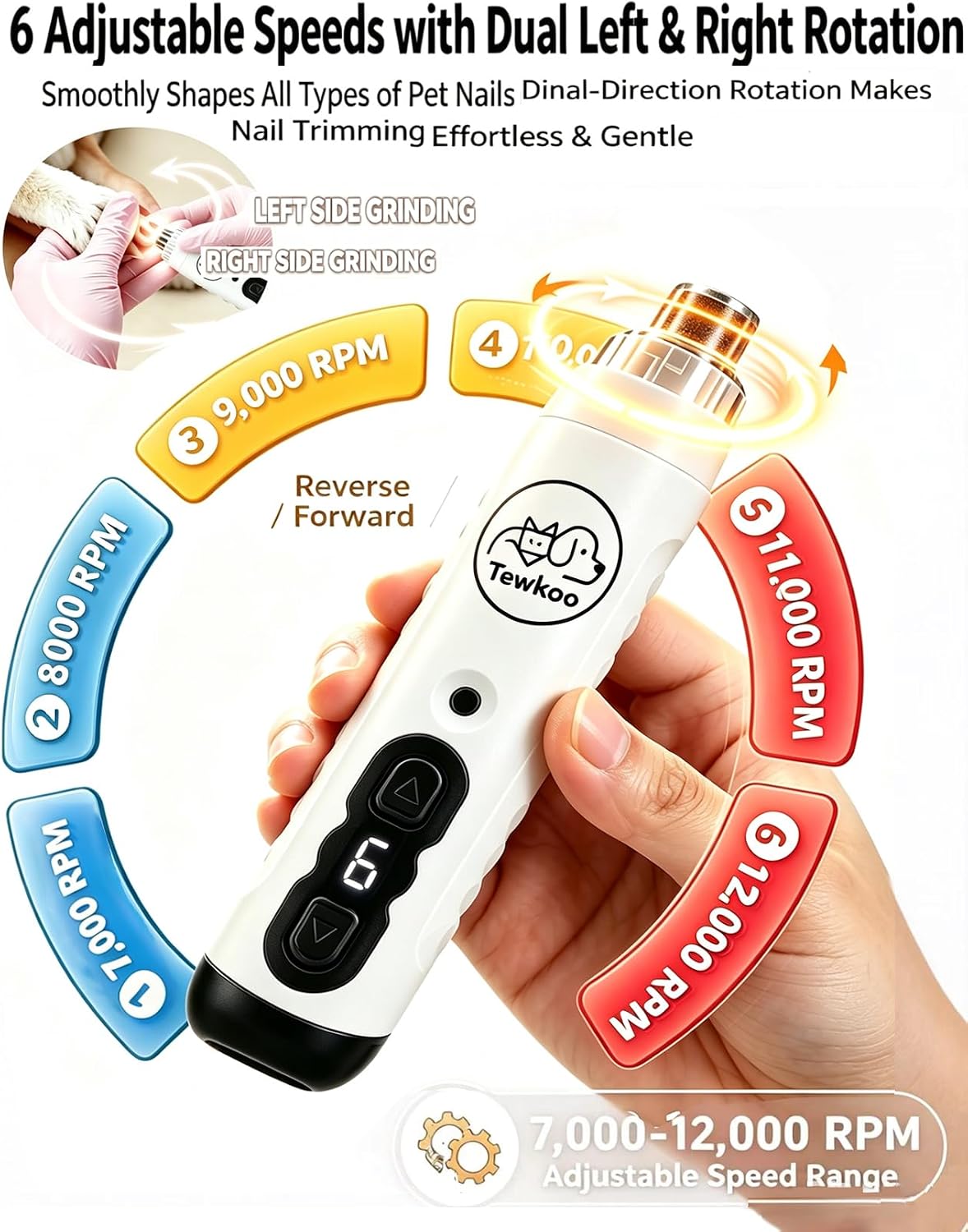 6-Speed Forward & Reverse Quiet Pet Nail Grinder for Dogs & Cats | Low Noise Painless Trimming, 2 LED Lights, 2 Grinding Bits, Safety Guard, 2000mAh Battery, Fits Small, Medium & Large Pets