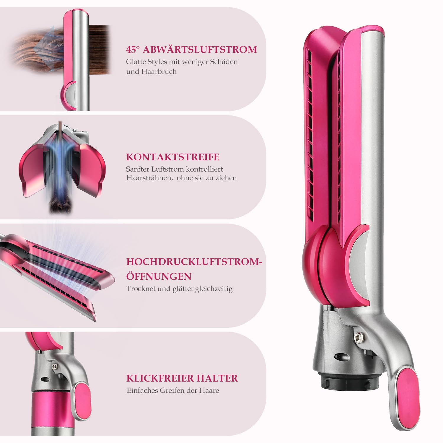 Haarglätter-Aufsatz für Dyson Airwrap, Kompatibel mit HS01/HS05/HS08, Airflow Technologie ohne Heizplatten, Gleichzeitiges Trocknen und Glätten mit Luftstrom, Reduziert Hitzeschäden, Fuchsia