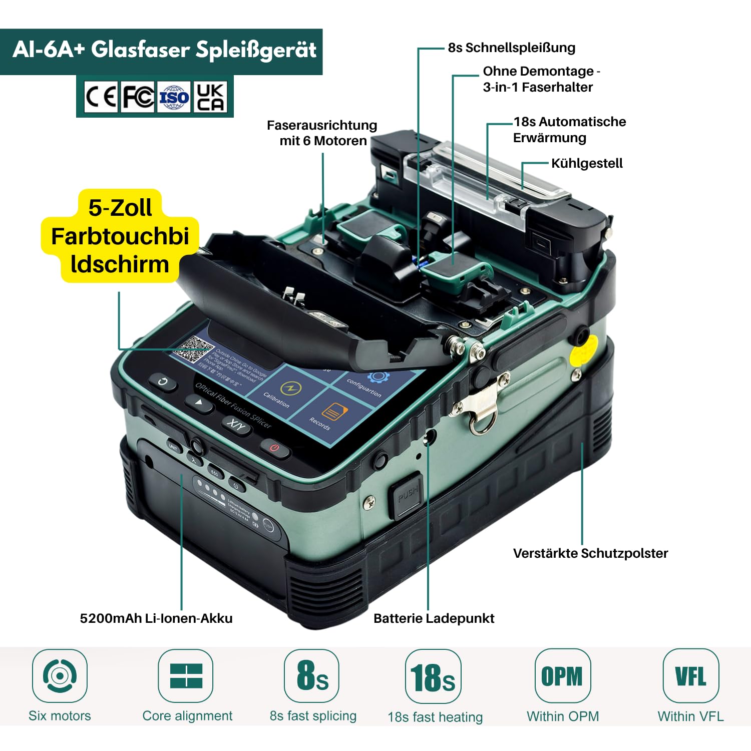AI-6A+ Glasfaser Spleißgerät Touchscreen-Version Fusionsspleißgerät Fusion Splicer Kit Kernaligner mit 6 Motoren, OPM/VFL | 8s Spleißzeit, 18s Schrumpfzeit | Für SM/MM/DS/NZDS