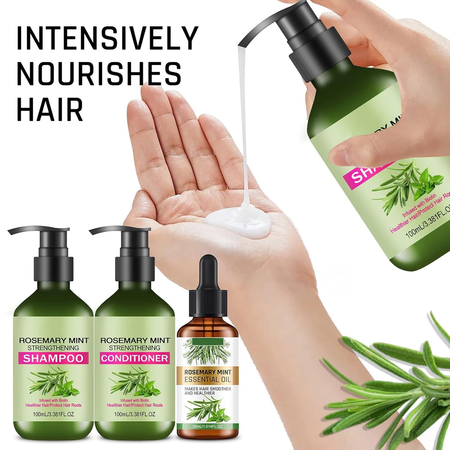 Rosemary Mint Strengthening Shampoo and Conditioner with Hair Oil, Rosemary Hair Treatment Set For Strengthens Hair, Nourish & Smooth for Thin Hair, Reduce Frizz and Hair Loss, Add Shine - Image 5
