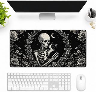 Skeleton Cat Floral Wreath Large Desk Mat Mouse Pad, Stitched Edge Extended Pad Non Slip Rubber Base 12"x27.5"