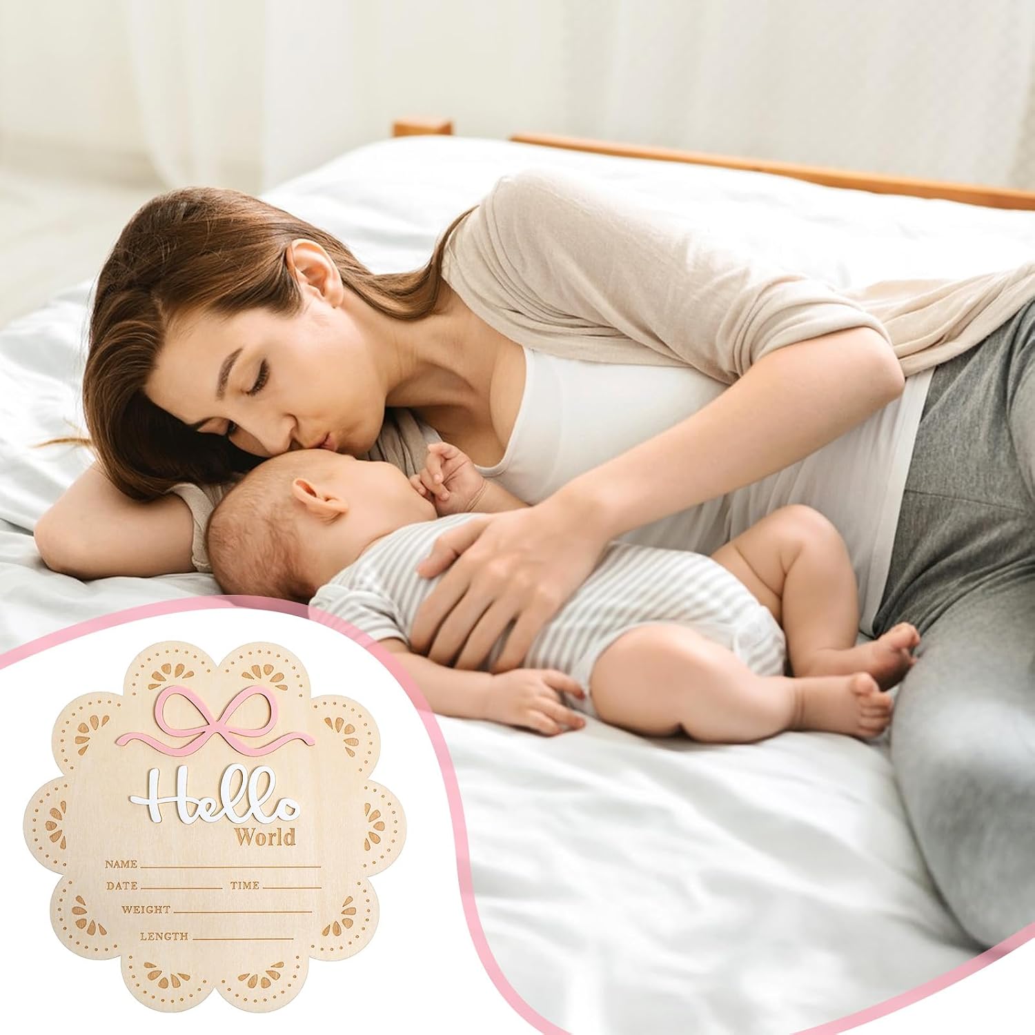 Hello World Newborn Sign, 6 Inch Wooden Baby Announcement Sign Pink Bow Birth Welcome Board for Newborn Boys Girls Photo Props Baby Shower Hospital Nursery