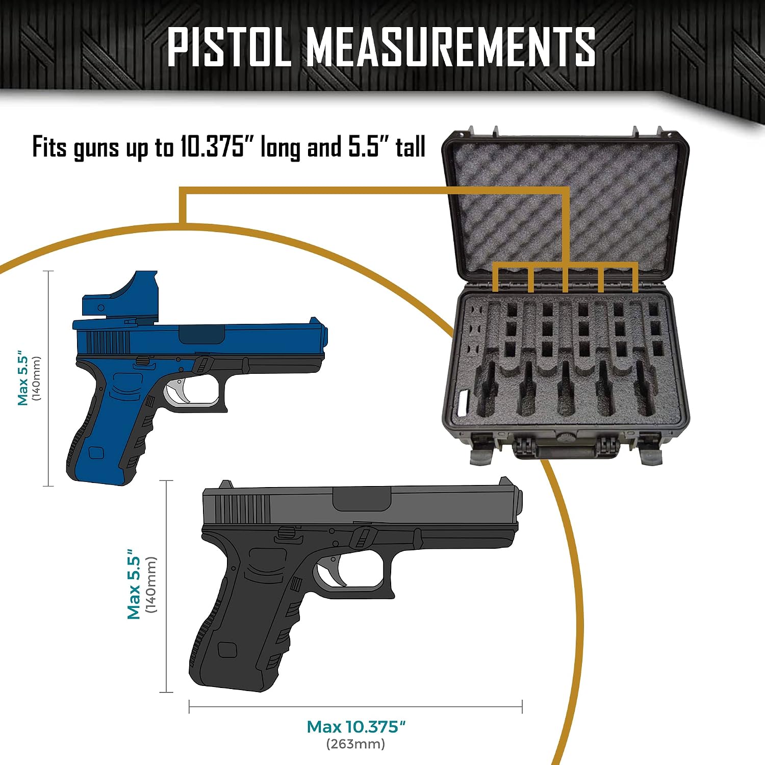 5 Pistol 18 Magazine Doro Gun Case with Custom MyCaseBuilder Foam Insert - Waterproof, Heavy Duty - Tactical Firearms and Ammunition Holder, 18 x 14 x 7 Inches