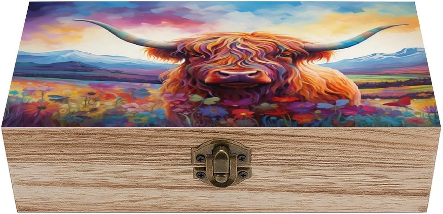 Colorful Highland Cow Flower Jewelry Box