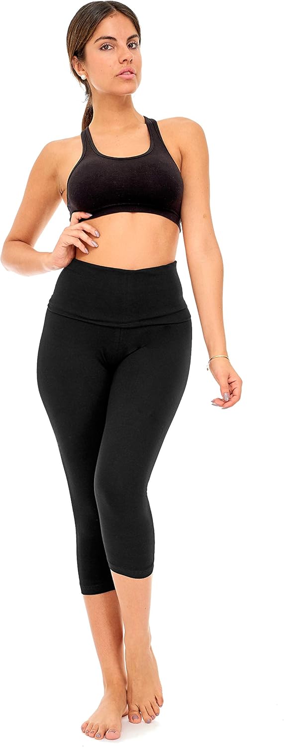 DEAR SPARKLE Fold Over Yoga Pants for Women Cotton Leggings Foldover High Waist Leggings Capri Plus Size (C7 F) - Image 2