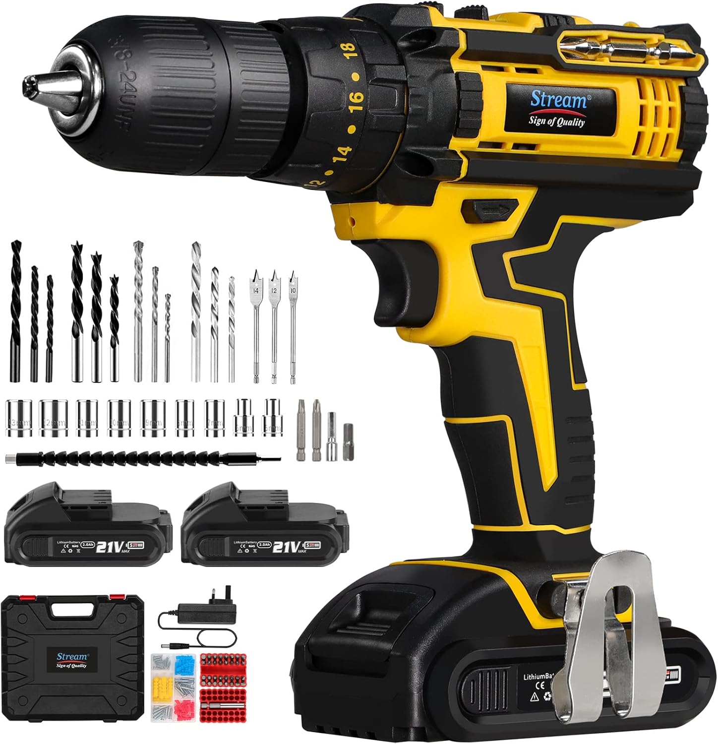 Cordless Drill Driver Set 21V,Cordless Hammer Electric Combi with 2 x 2