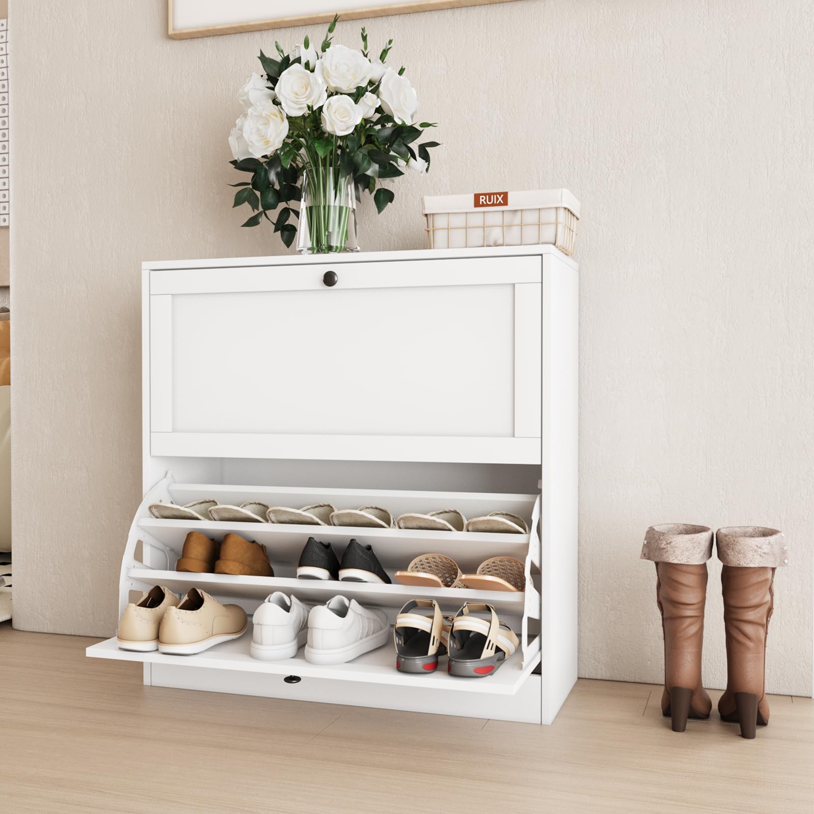 VOWNER Scarpiera Portascarpe in Legno, Scarpiera Slim, Ingresso, Regolabili, con 2 Ante a Ribalta e Tripla Profondita, 80x80x30 cm (LxAxP), per Ingresso Casa, Bianco