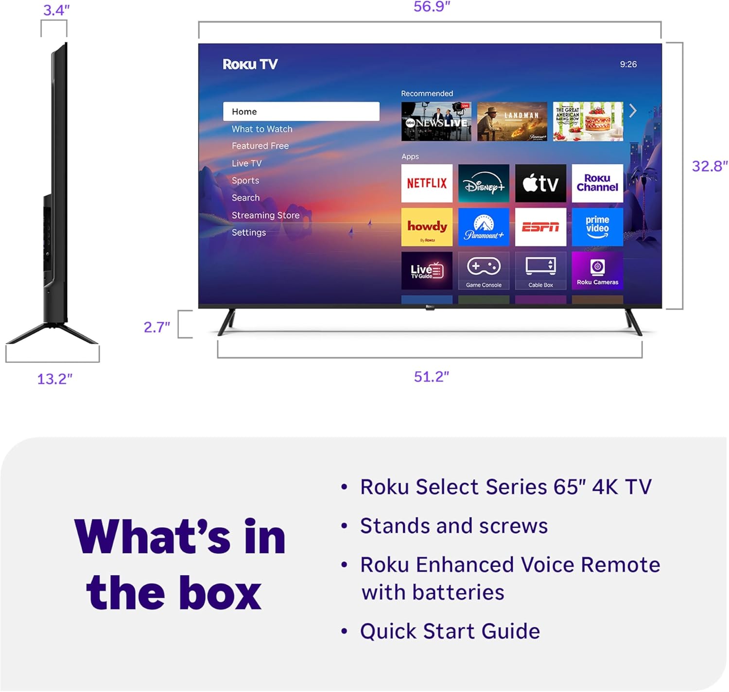 Roku Smart TV – 65-Inch Select Series, 4K HDR TV – RokuTV with Enhanced Voice Remote – Flat Screen LED Television with Wi-Fi for Streaming Live Local News, Sports, Family Entertainment - Image 8