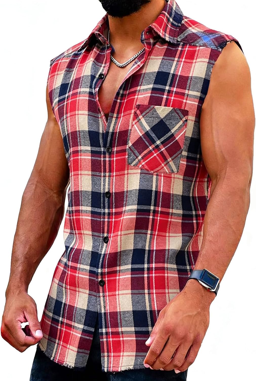 Men's Sleeveless Flannel Plaid Shirt Button Down Casual Cowboy Tank Top Lapel Collar Curved Hem Summer Vest