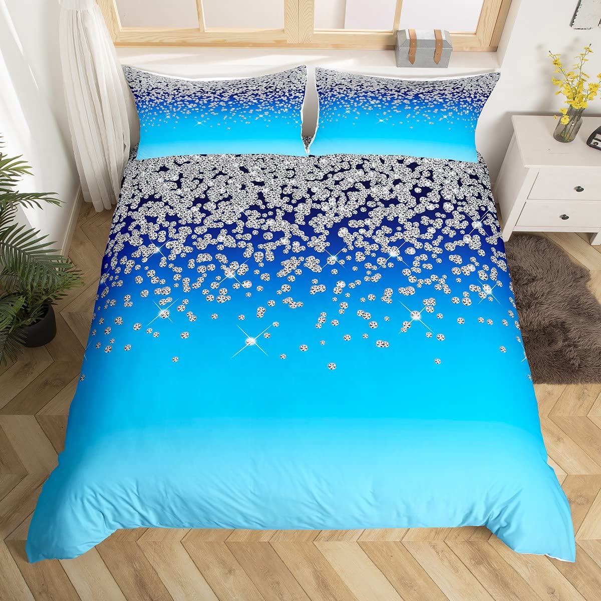 Housse de couette diamant bleu literie enfant ado housse couette argentée