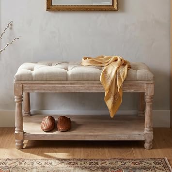chairus Storage Bench 31.5 W Button Tufted Small Entryway Bench with Wooden Shoes Rack End of Bed Bench with Fabric Linen Upholstered Rectangular Seat for Bedroom Hallway Small Space, Beige