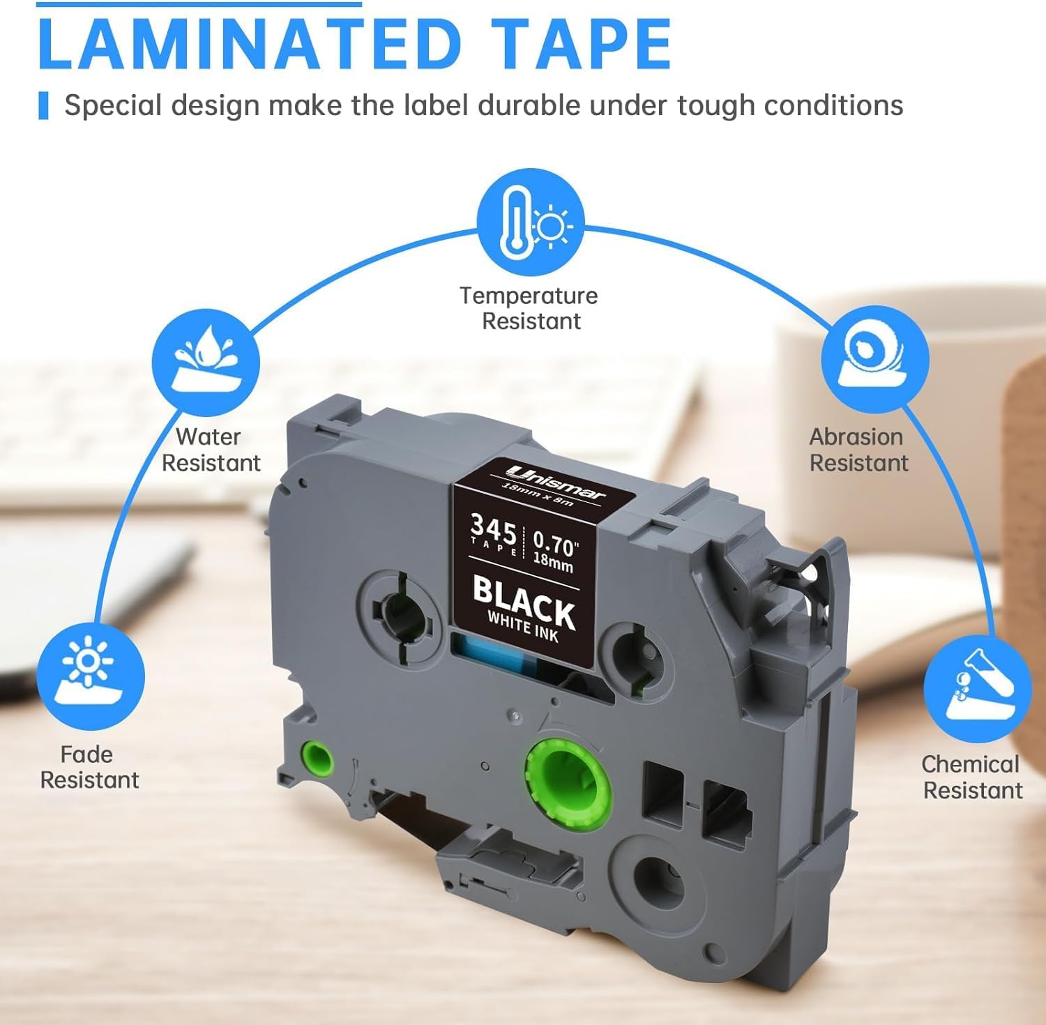 Unismar TZe-345 Compatible for Brother Ptouch 18mm 0.7 Laminated White on Black Label Tape TZ345 TZ Tape Work for PT-D400AD PT-D410 PT-D600 PT-D400 PT-2700 PT-1880 Label Maker, 3/4'' x 26.2', 4-Pack - Image 3