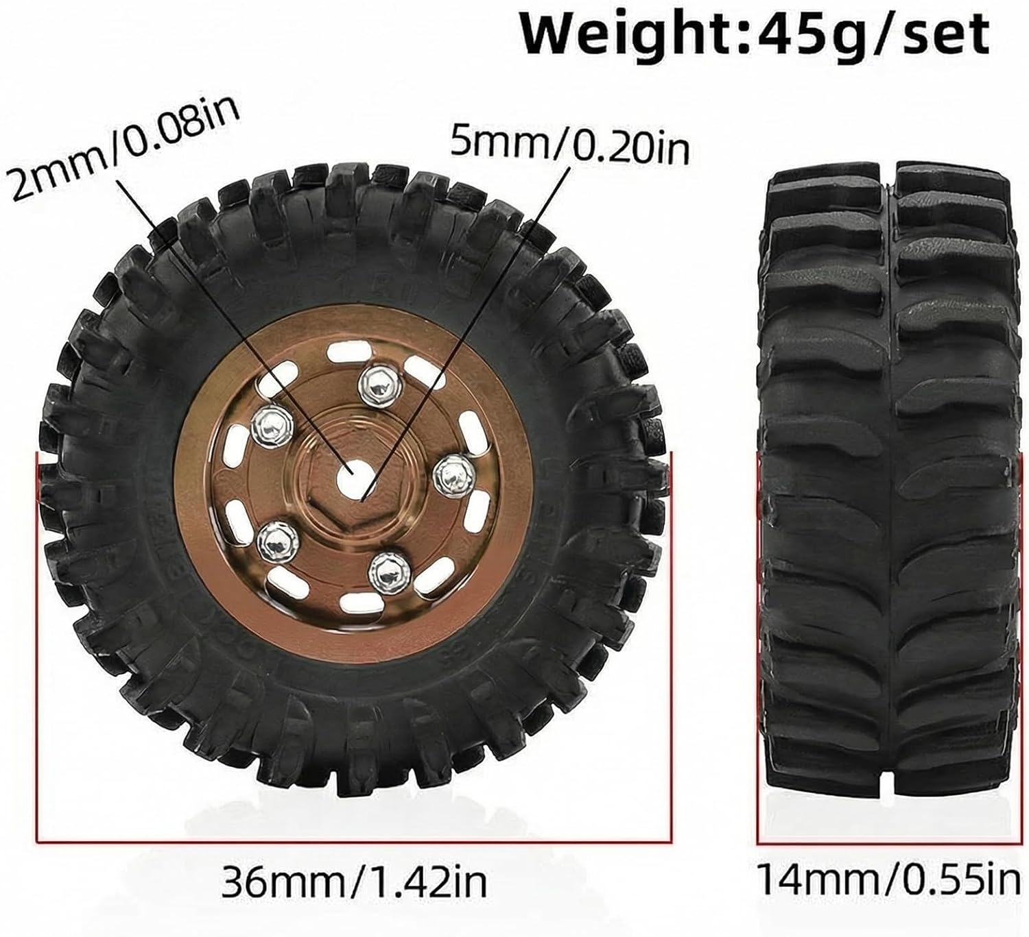 0.7" Aluminum Beadlock Wheel Rims and Tires Set For 1/30 Scale RC Crawler Axial SCX30 Bronco Wrangler Upgrade Parts (Bronze)
