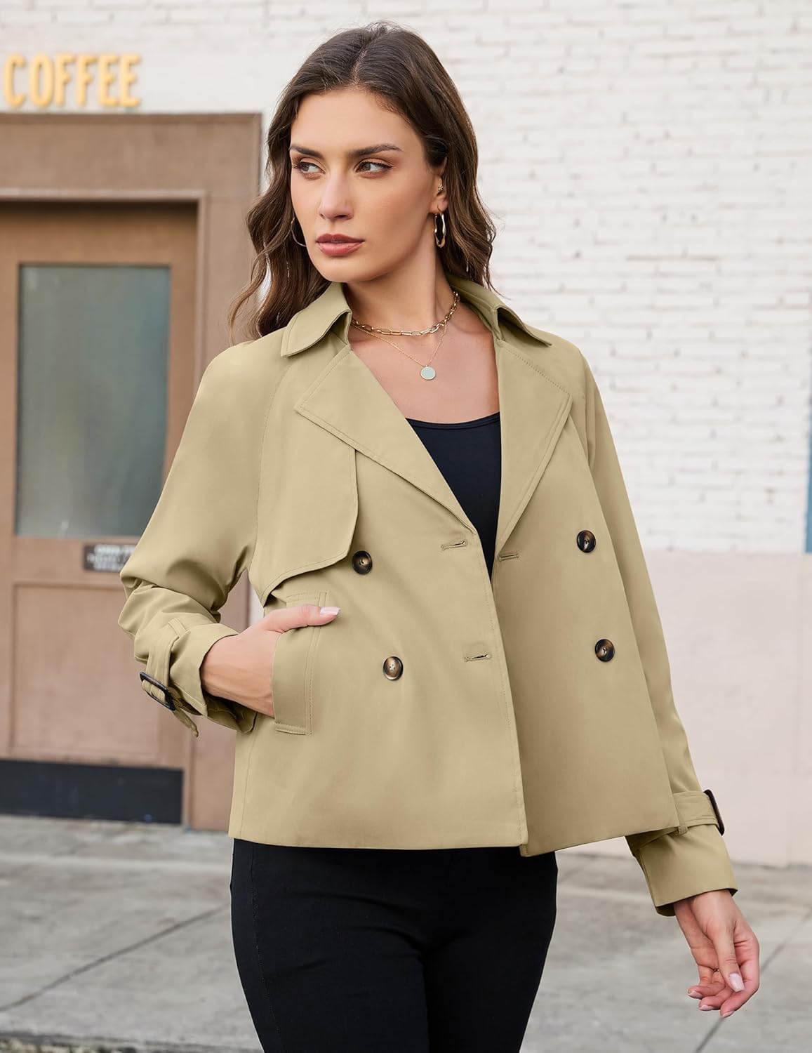 AGSEEM Womens Cropped Trench Coat Casual Double Breasted Long Sleeve Lapel Short Jackets with Pockets Fashion Outerwear 2026 - Image 3