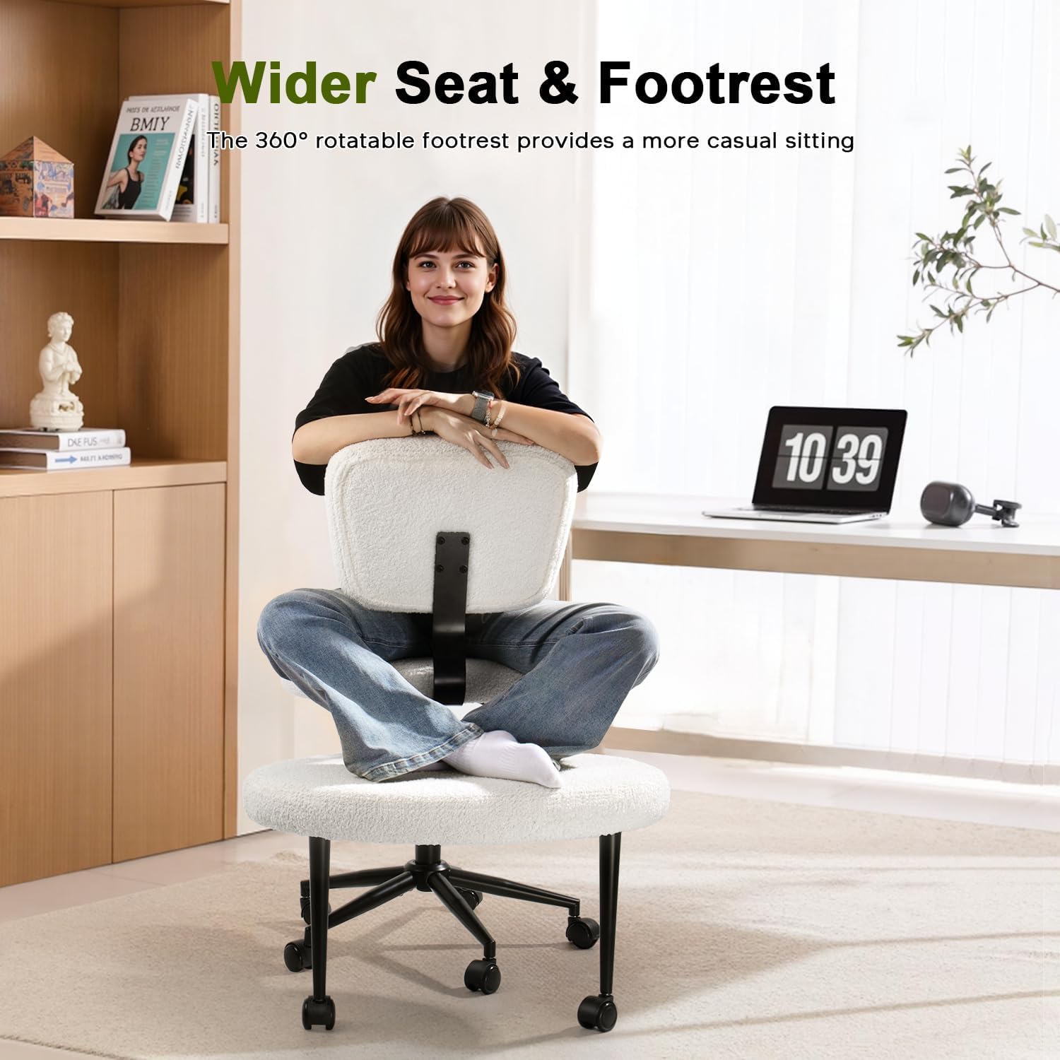 Waleaf Ergonomic Cross Legged Office Chair, ADHD Chair for Adults, Height Adjustable Meditation Chair with Wheels, Teddy Fabric Yoga Kneeling Chairs with Comfortable Back Support (White)