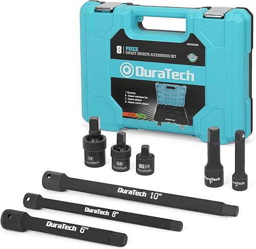 DURATECH Juego de accesorios de enchufe de impacto de 12 y 38 pulgadas, acero Cr-V con acabado de fosfato negro, incluye 5 barras de extensión de