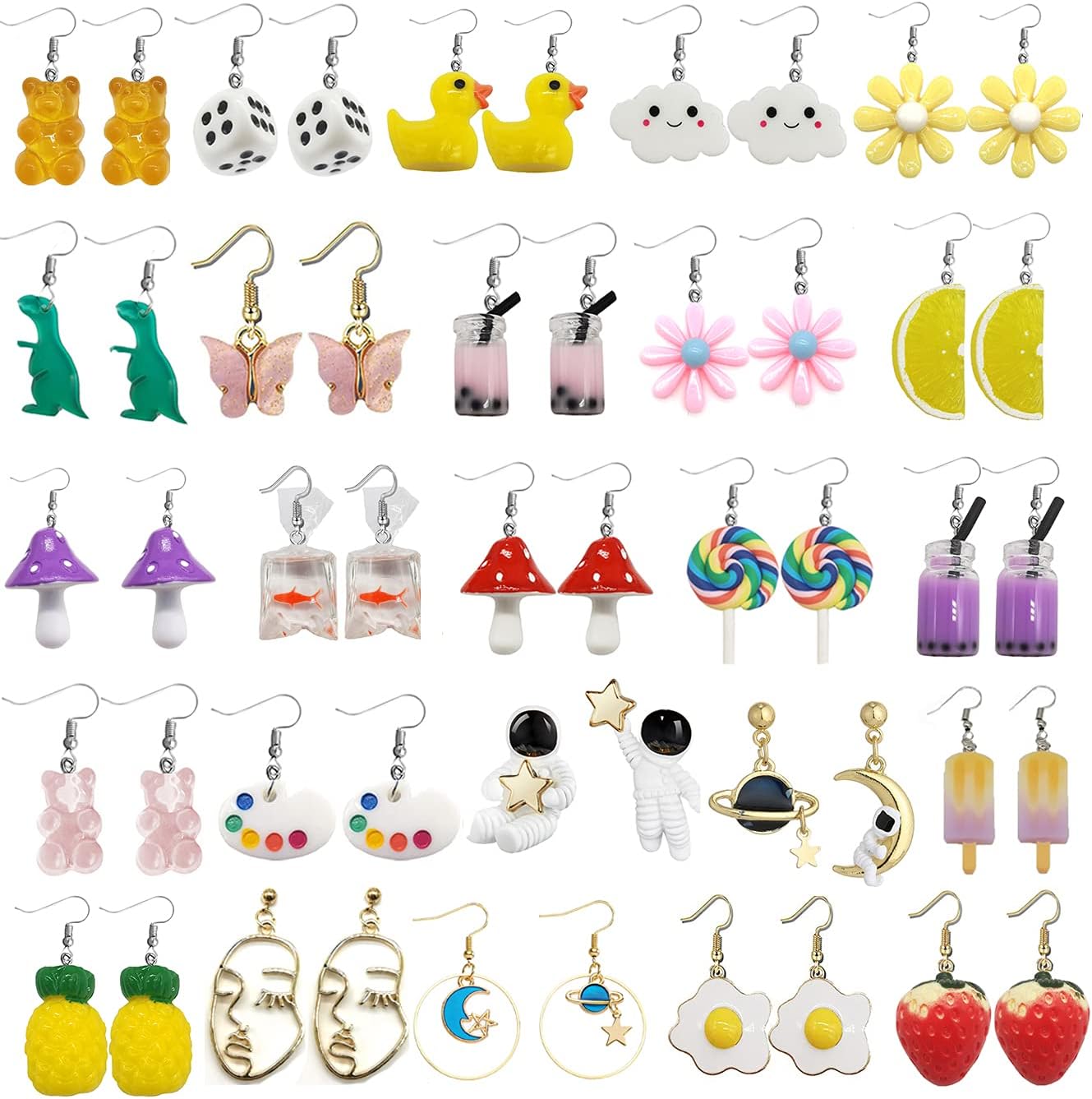 SONNYXSONNYX 25 Pairs Weird Earrings Funny Earrings Cute Earrings Aesthetic Earrings Quirky Earrings Planet Astronaut Moon Stars Earrings Set Gummy Bear Duck Fish Dinosaur Mushroom Butterfly Strawberry Cloud Dangle Earrings for Women