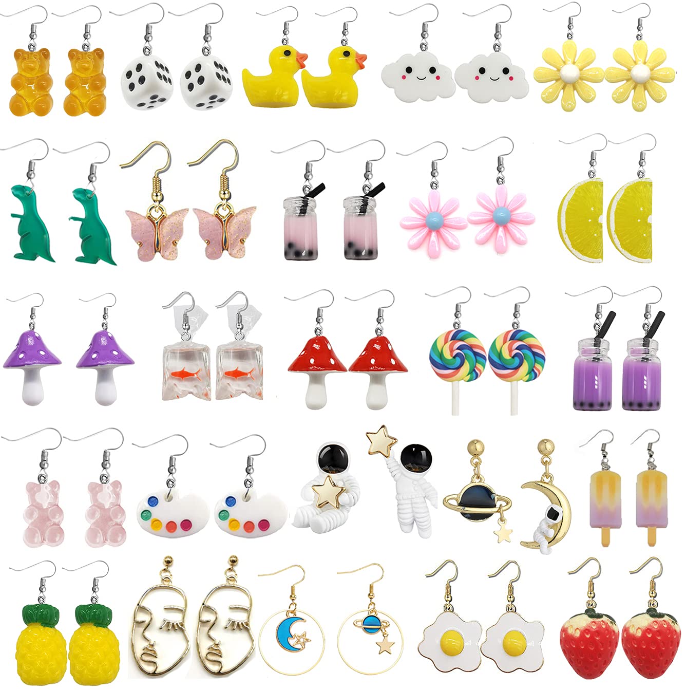 SONNYXSONNYX 25 Pairs Weird Earrings Funny Earrings Cute Earrings Aesthetic Earrings Quirky Earrings Planet Astronaut Moon Stars Earrings Set Gummy Bear Duck Fish Dinosaur Mushroom Butterfly Strawberry Cloud Dangle Earrings for Women