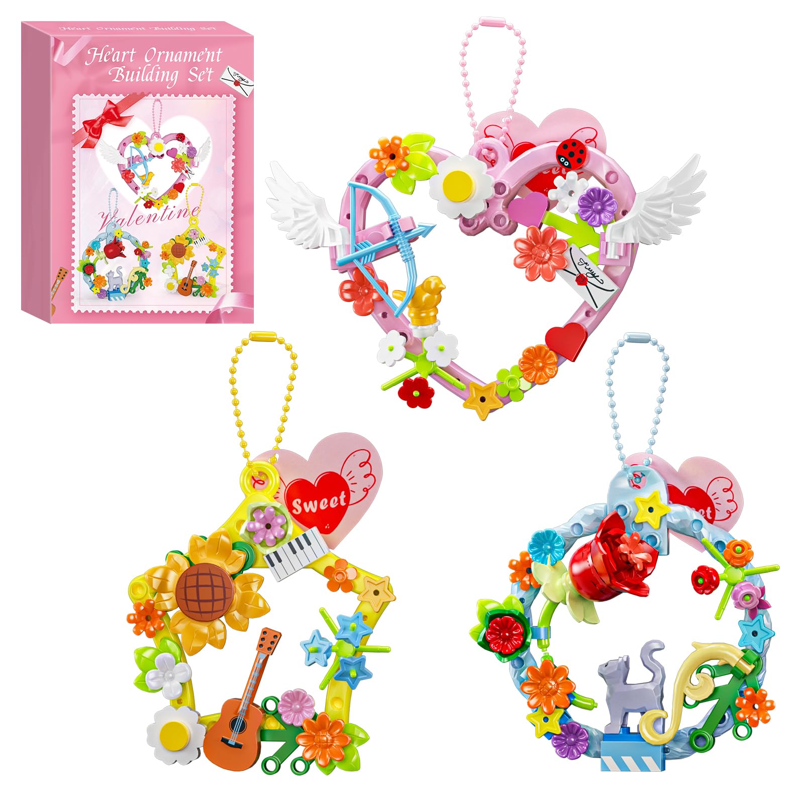 Godarscuppie Heart Ornament Building Toy Kit, Heart Shaped Arrangement with Flowers, Roses, Sunflowers, Love Angel Wings, Great Gift for Loved Ones, 3 Pcs Crafts for Girls and Boys Ages 6 and Up