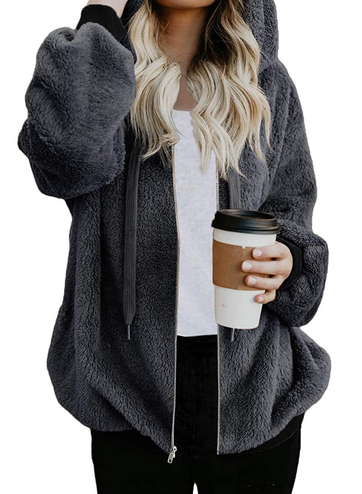 Nirovien Womens Sherpa Jacket Fuzzy Zip Up Hoodie Oversized Fleece Jackets Fluffy Coat with Pockets