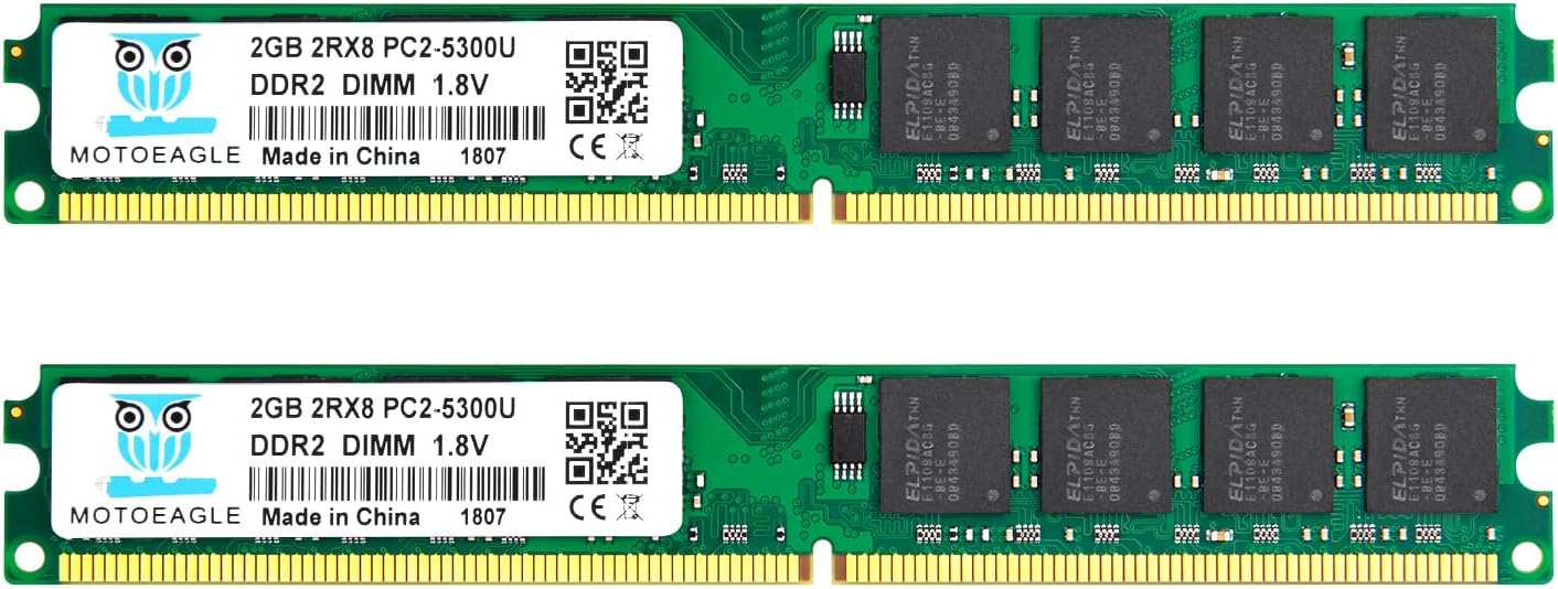 Motoeagle 4GB Kit (2GBX2) 2RX8 PC2-5300U-555,2GB DDR2 667 Udimm Memory,DDR2 RAM 240-PIN, 1.8V Unbuffered Non-ECC Desktop PC Modules