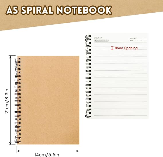 12 Pack A5 Spiral Notebooks, 120 Lined Pages, 80gsm Thick Paper, Kraft Cover, 360° Double Wire Binding, Coil Notepads for Work, University, Note Taking & Travel