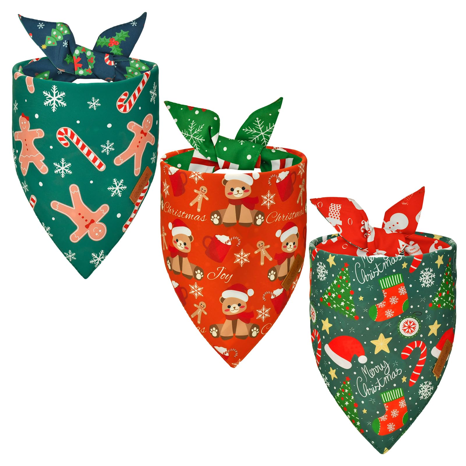 CooShou3 Pack Christmas Dog Bandanas Reversible Xmas Gift Box Christmas Tree Pattern Dog Scarf for Dog Festival Gingerbread Man Dog Bib Holiday Bandana for Medium & Large Dogs (L)