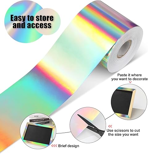 Miniatura 3 de Treela Tablero de anuncios iridiscente de 131 pies, decoración de aula, borde holográfico recto, enrollado, autoadhesivo, tablón de anuncios para