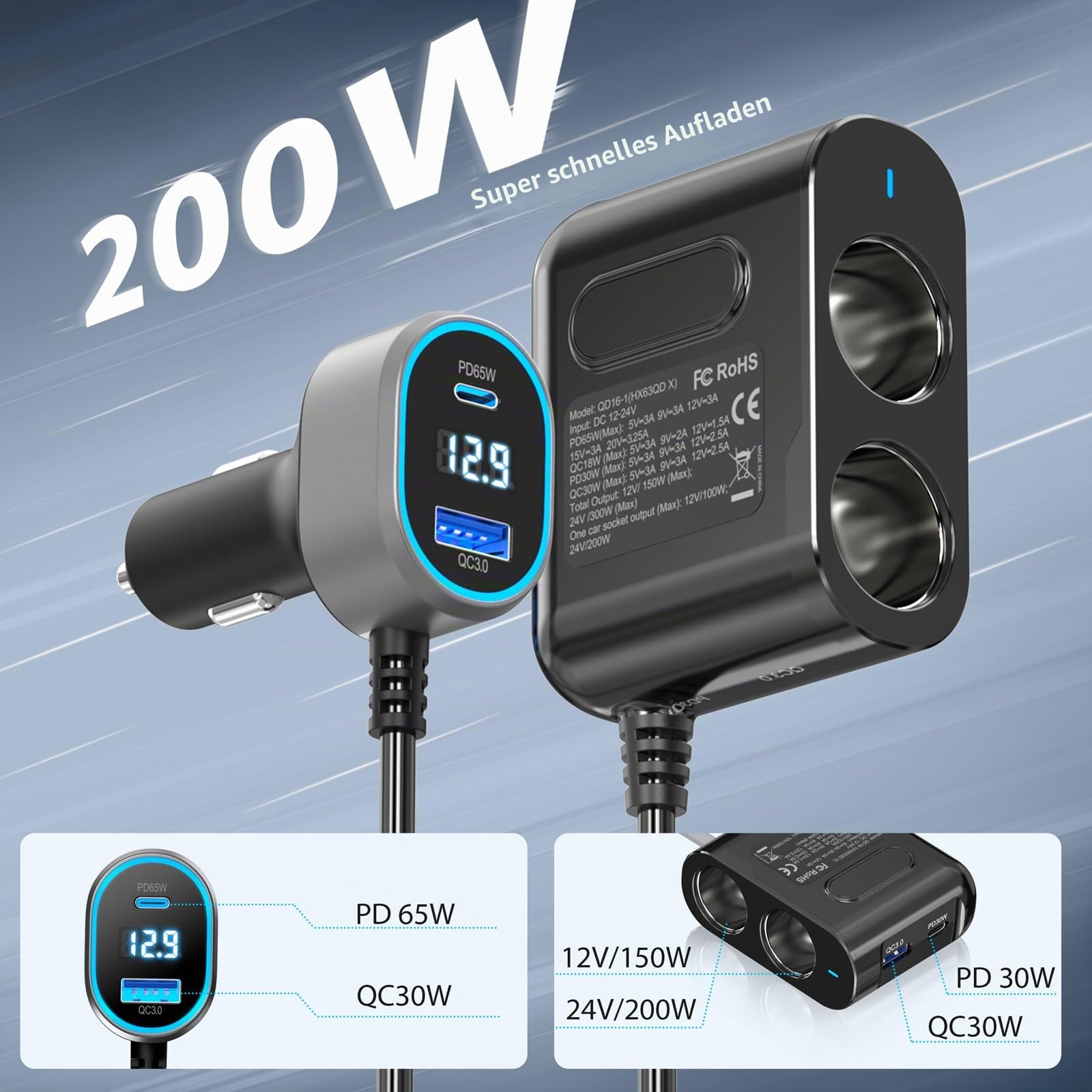 PD65W KFZ Verteiler auf Laptop: 200W Auto Zigarettenanzünder Adapter 12V Dual USB C Ladegerät 2 Mehrfach Steckdose 12 Volt DC Stecker Splitter mit LED Voltmeter für iPhone Sitzheizung GPS Kamera Navi