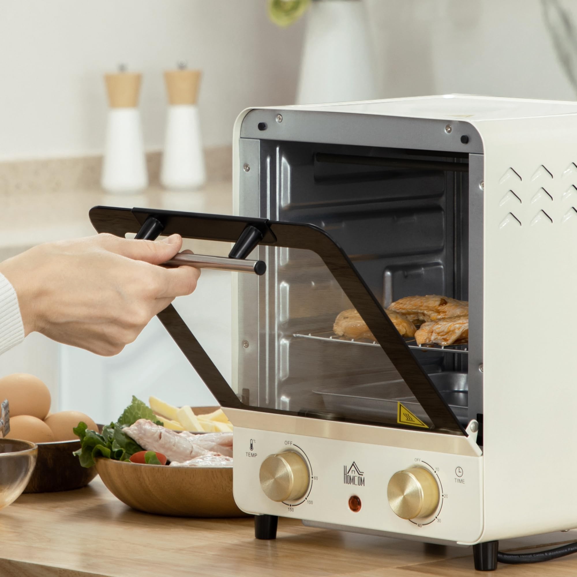 HOMCOM Mini forno 15L, forno per pizza a convezione, 1000 W Mini forno elettrico con set di teglie, vassoio per le briciole, timer di 1 ora, 60-230℃, bianco crema