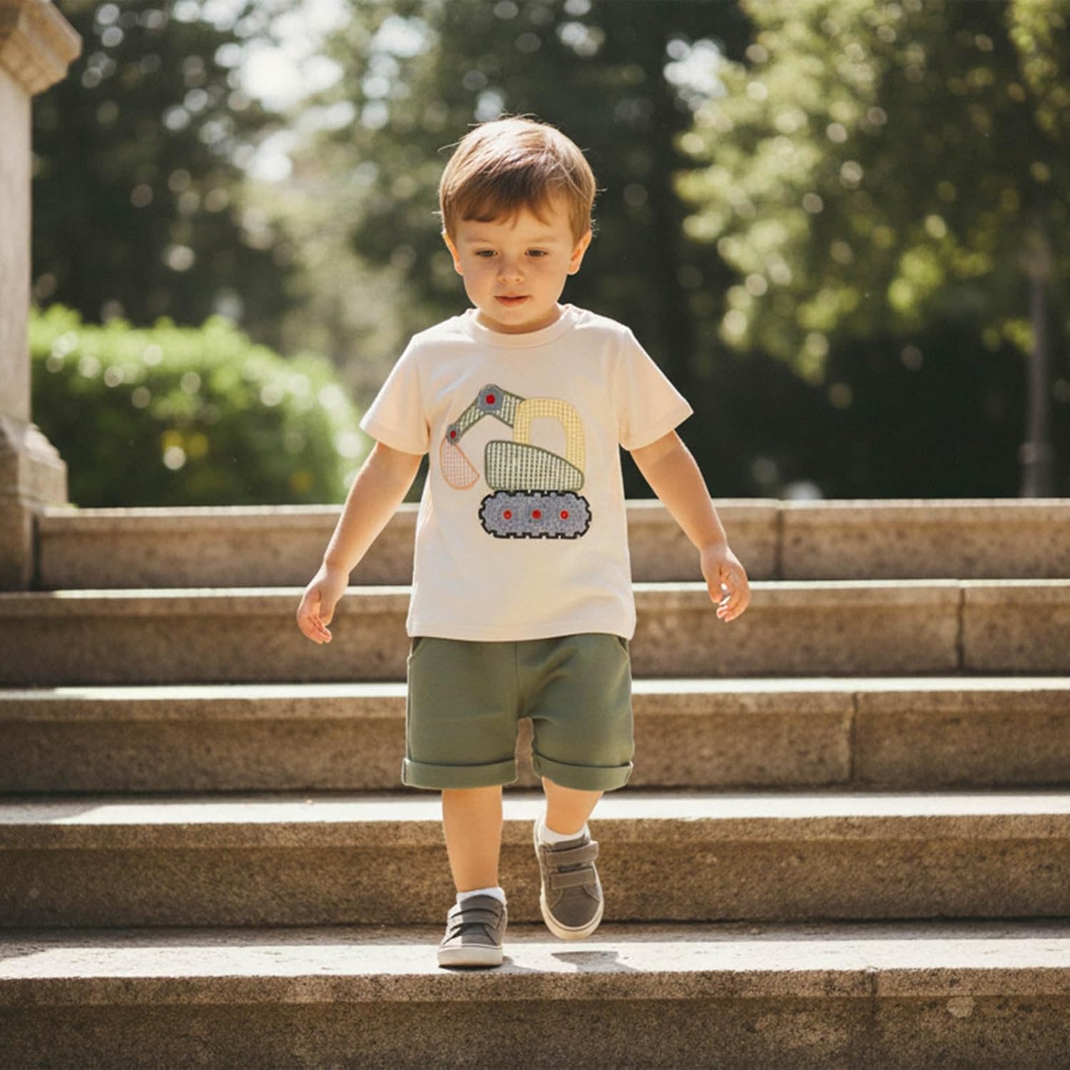 FOCUSNORM Toddler Baby Boy Summer Clothes Excavator Embroidery Short Sleeve T-Shirt Elastic Waist Shorts Set 2 Piece Outfit - Image 3