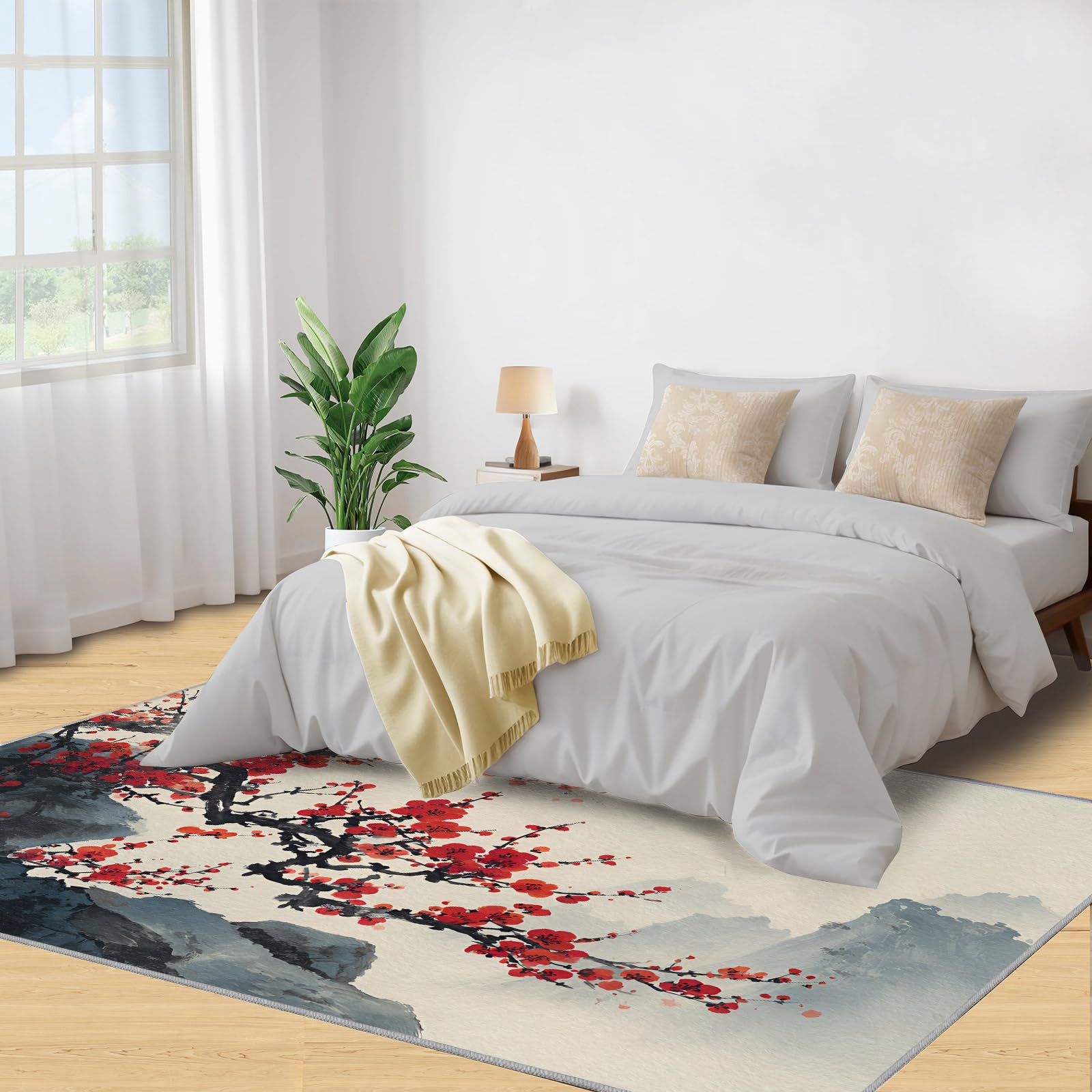 Générique Tapis Japonais Lavable Motif Floral Japonais Doux antidérapant pour Salon, Chambre à Coucher, Salle à Manger, Cuisine - 120 x 180 cm