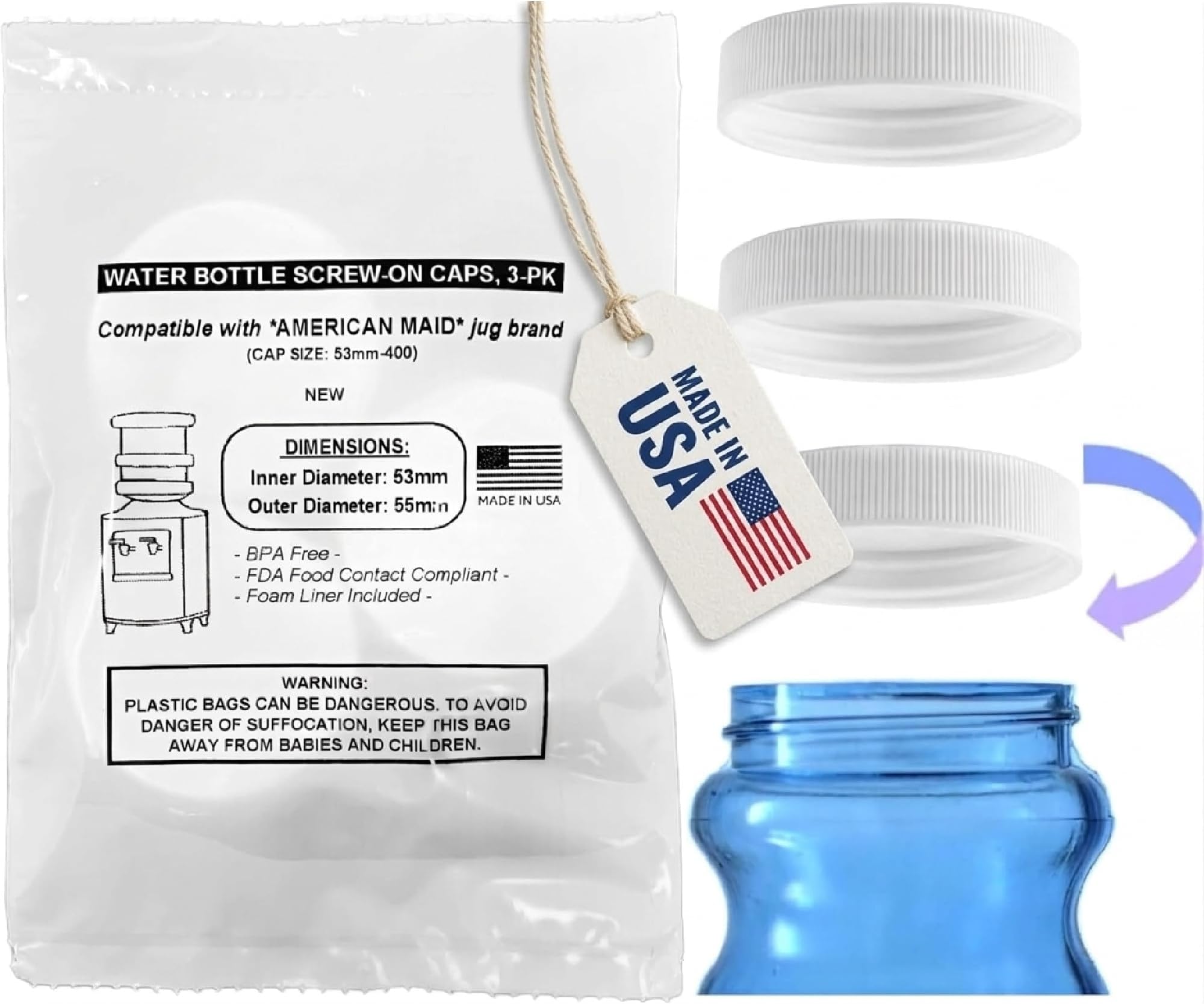 Threaded/Screw-On Caps for 3 and 5 Gallon Water Bottle Jugs (3 pk) (53mm, White)