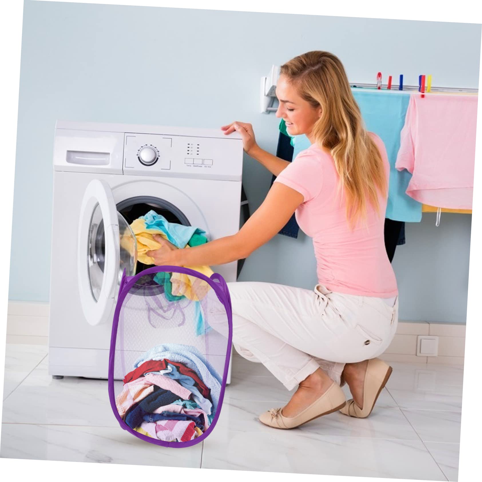 OFFSCH Pop-up Laundry Hamper Bins Mesh Laundry Basket for College Foldable Side Pocket Carrying Handles