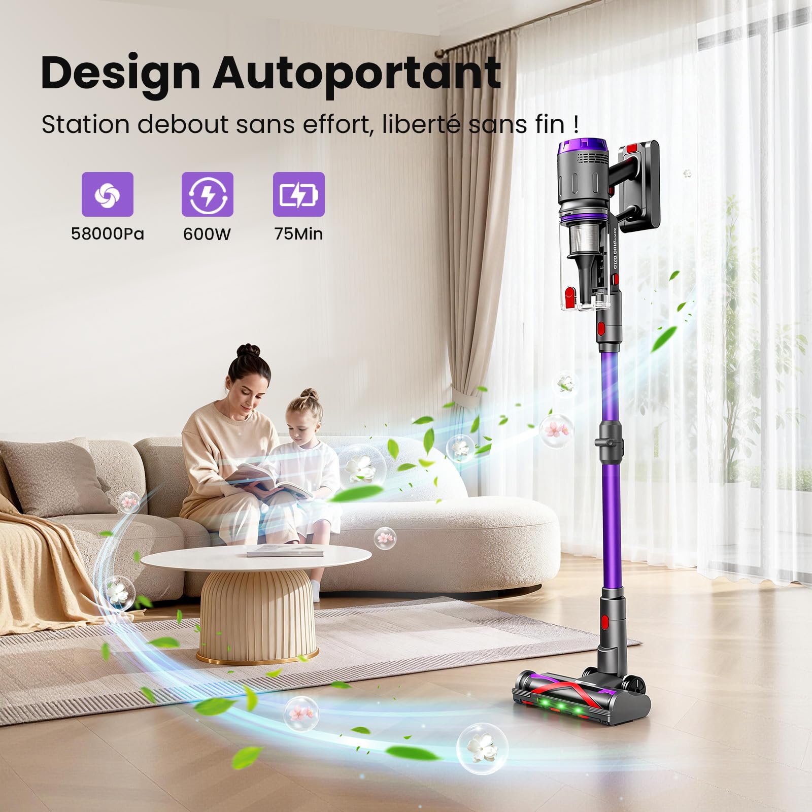 Aspirateur Balai sans Fil 600W/58000Pa/75min, Aspirateur sans Fil Puissant avec Mini Brosse Turbo Anti-Acariens, Tube Pliabl, Brosse Anti-emmêlement, pour Tapis, Sols Durs, Poils d'animaux