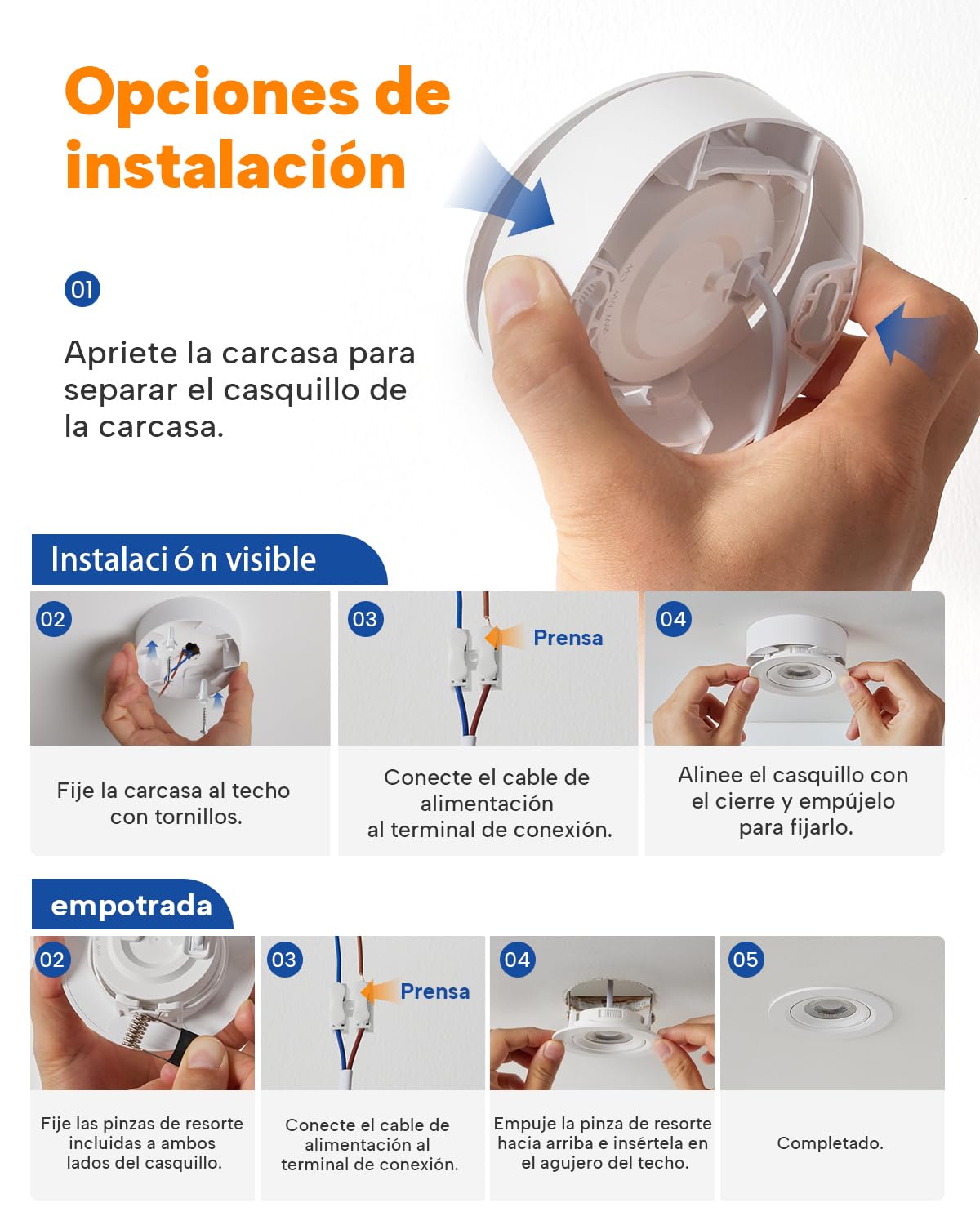wowatt 6 Piezas Focos LED Interior Techo Superficie Blanco, Orientables 30° | 30mm x 92mm, 220-240V, Focos Superficie Techo Regulables Luz Calida Luz Neutra Luz Frío, 5.5W, 550LM, Plástico, Redondo