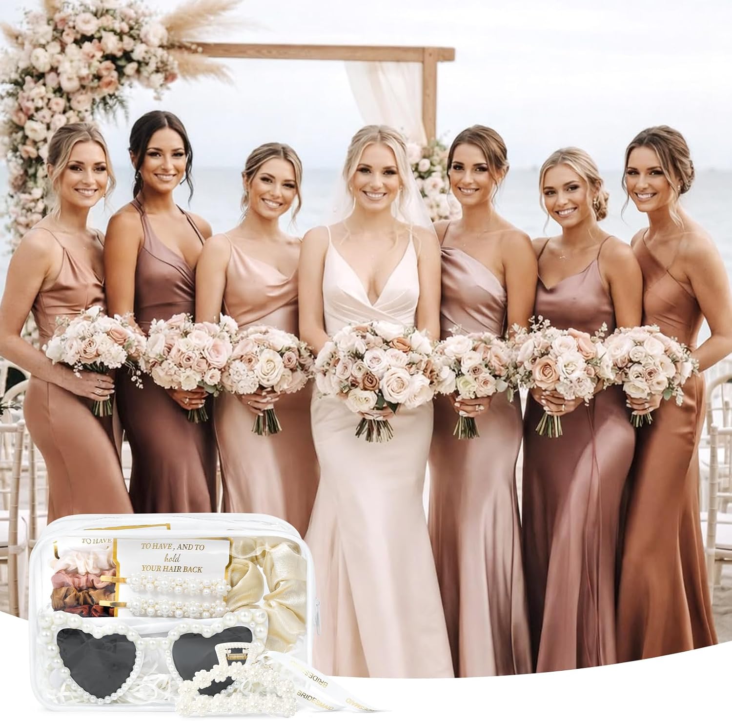 DEEKA 4 Sets Pearl Gift Set Bridesmaid Proposal Bag Clear Makeup Toiletry Bag Pearl Clips Hair Claw Clips Scrunchies Sunglasses Bachelorette Party Favors Bridal Wedding Party Gifts (Neutral)