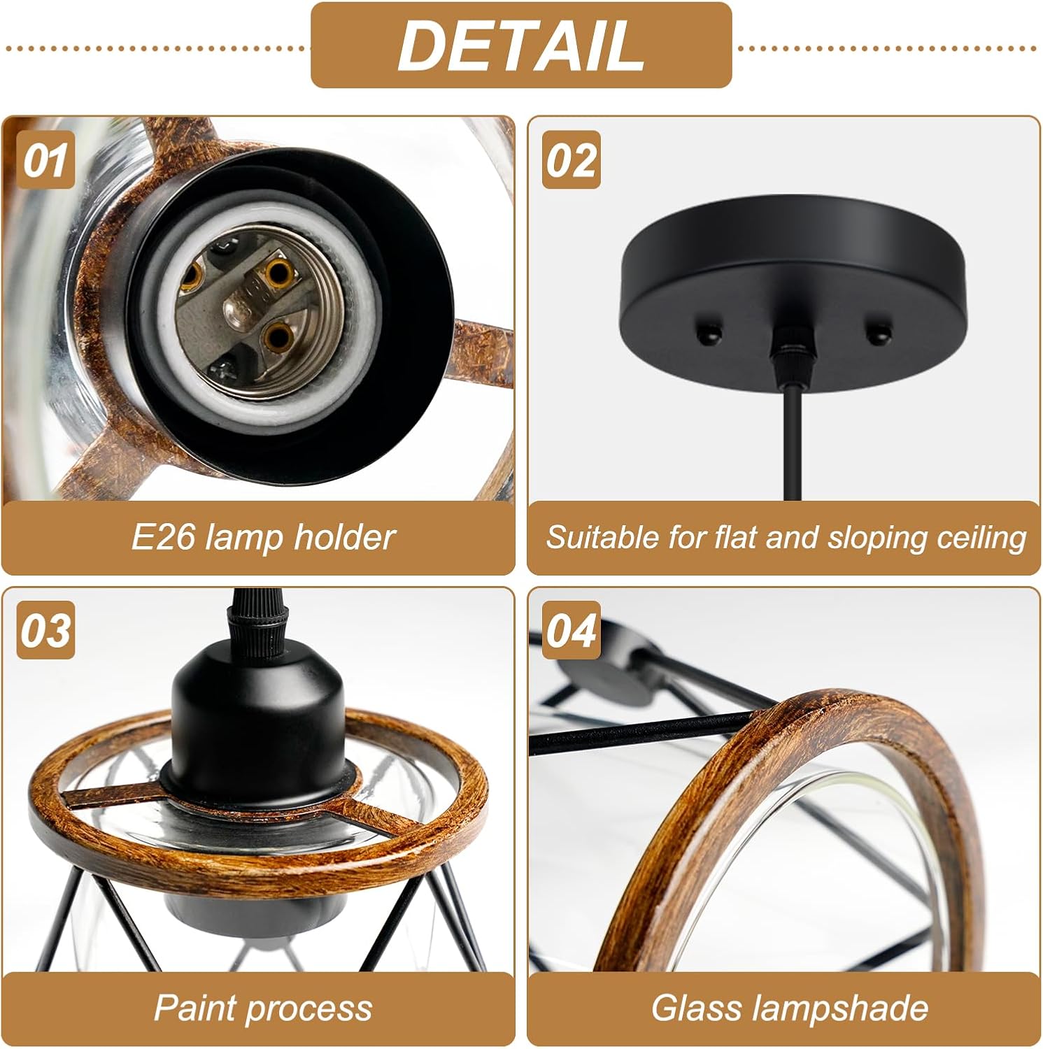 Farmhouse Pendant Light, Rustic Pendant Lights Kitchen Island, Pendent Light with Wooden Frame, Metal Case, E26 Bulb Base (Wood-3P, 3 Pack)