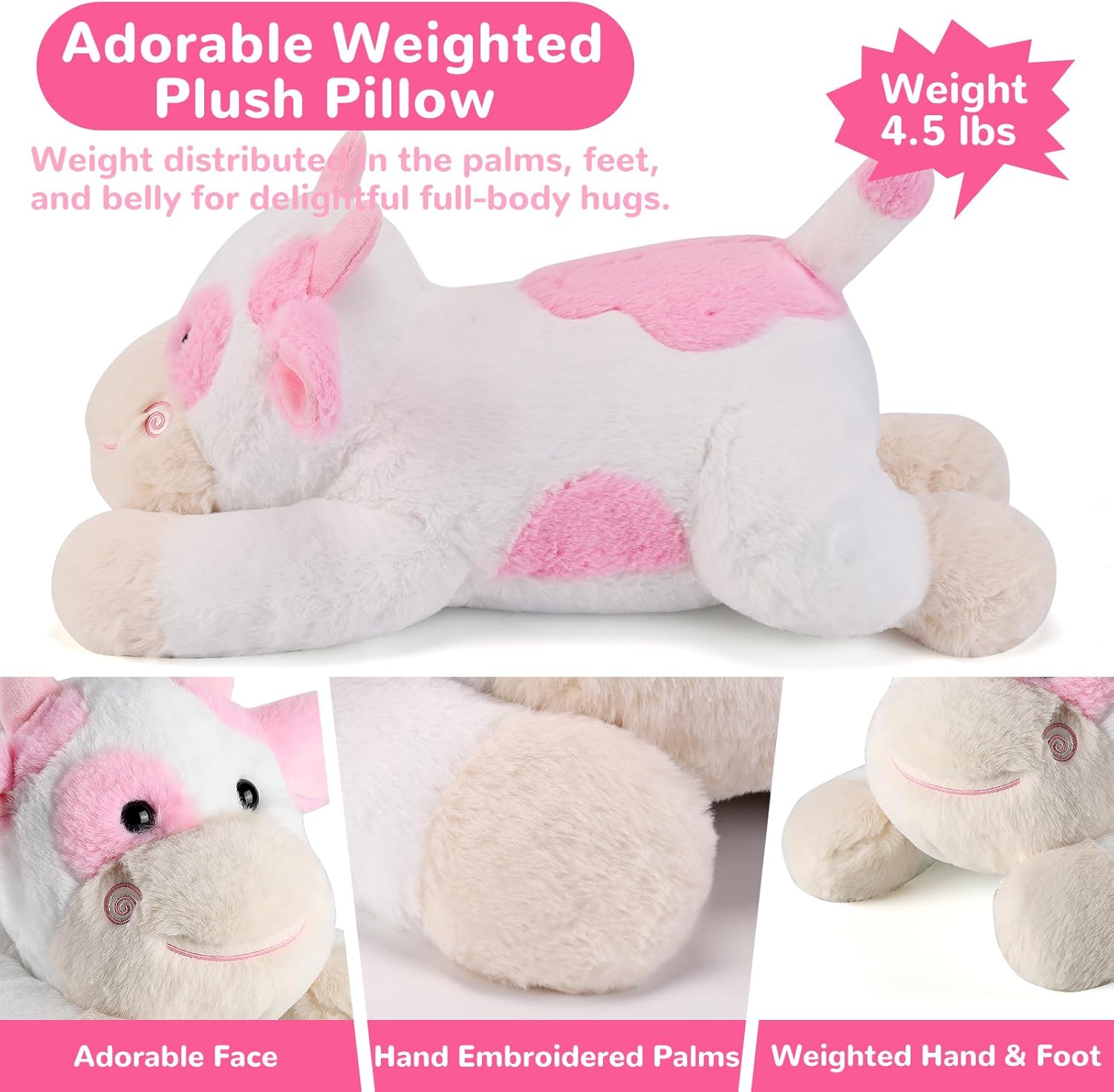 gnomantic Cow Weighted Stuffed Animals - 22 Inch 4.5 Pounds Weighted Plushies Cow Stuffed Animals - Big Plush Pillow - Cute Plush Toys Gifts for Kids & Adults (22" 4.5 lbs Pink)