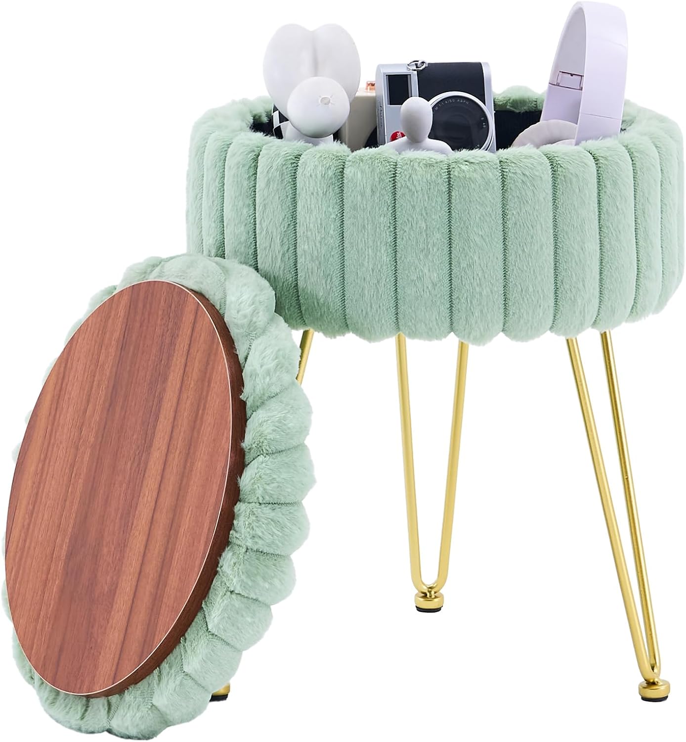 Wimarsbon Vanity Stool with Storage, Faux Fur Ottoman Chair with Metal Legs, Round Makeup Vanity Chair for Bedroom or Dressing Table, Modern Small Ottoman Seat (Green)