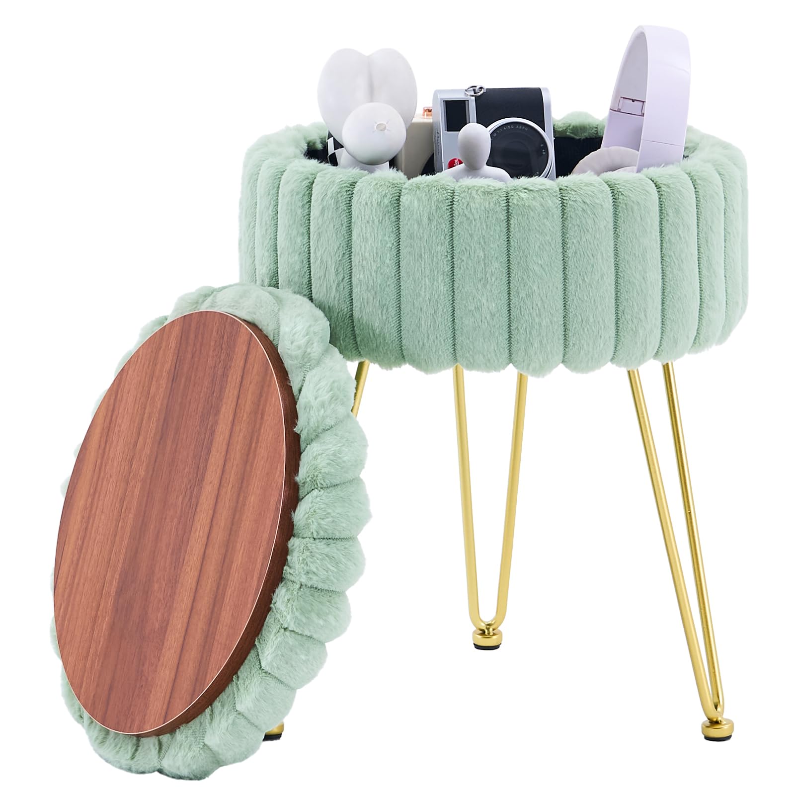 Wimarsbon Vanity Stool with Storage, Faux Fur Ottoman Chair with Metal Legs, Round Makeup Vanity Chair for Bedroom or Dressing Table, Modern Small
