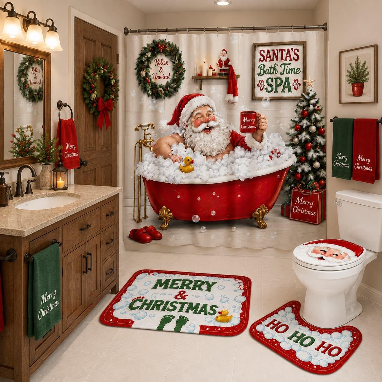 Christmas Shower Curtain Set, Christmas Decorations for Bathroom