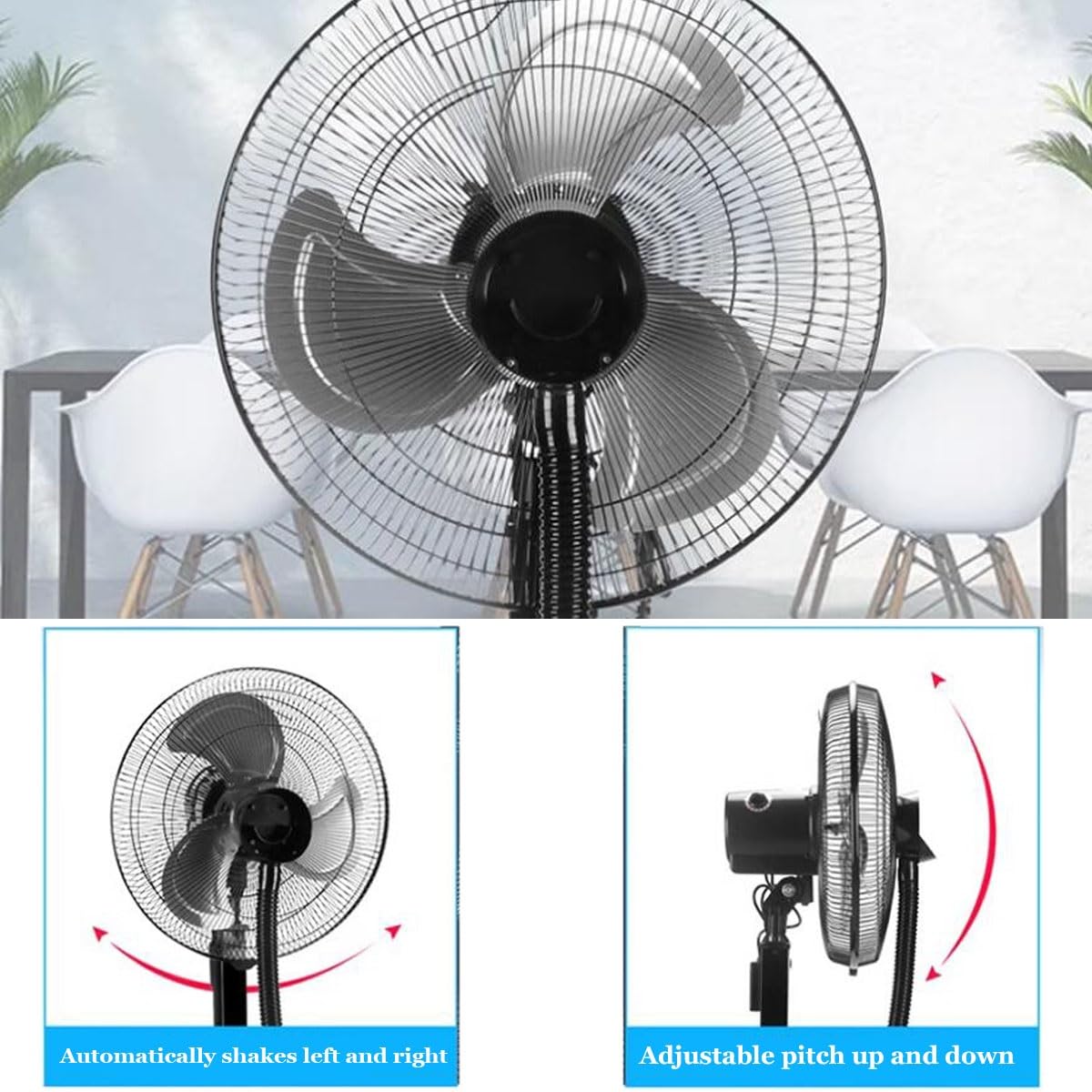 Ventiladores de pedestal, ventilador oscilante de niebla fría con tanque de agua, ventilador de nebulización oscilante para exteriores, ventilador de suelo industrial, ajuste de velocidad del viento