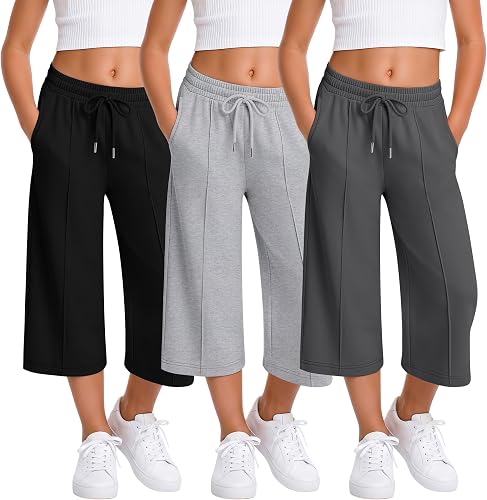 LessonZoo 3 Pack Girls Capri Pants Wide Leg Elastic Waist Drawstring Capris with
